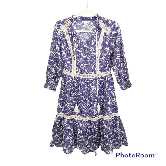 The Korner blue printed palm print and white lace dress nwot size S - Picture 3 of 9